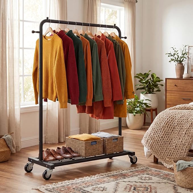 Sywhitta Metal Clothing Rack on Wheels with Mesh Shelf, for Clothes,Black | Rolling Garment Rack for Hanging Clothes, Coats, Skirts, 39.76" L x 16" W x 63.78" H,Space-Saving Mobile Organizer for Closet