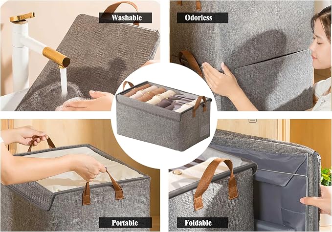 AARAINBOW Closet Clothes Organizer Bins 4 Pc, Fabric Box Storage Shelf Bins Stackable, Foldable Closet Shelf Storage Container with Lid, Fabric Storage Bin with Steel Frame, 23L (4 Gray with Lid)