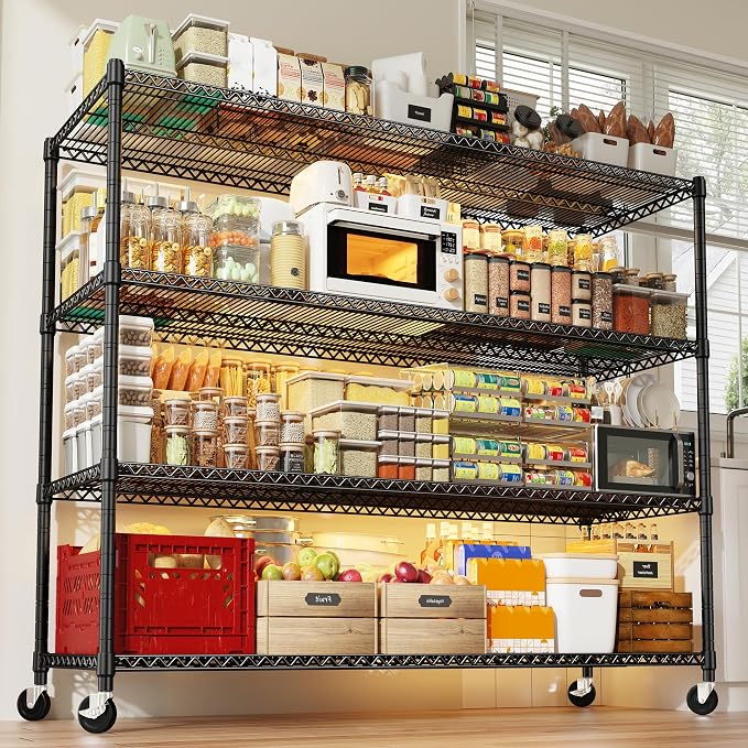 REIBII 60"W 4-Tier Storage Shelves with Wheels, 2399 lbs for Garage Kitchen | Heavy duty metal shelving, 18''D x 65.5''H, Adjustable, Lockable wheels, Tool-free assembly, For pantry basement commercial