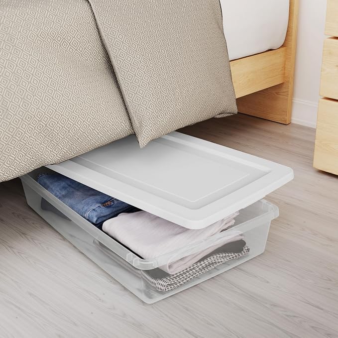 Sterilite 41 Qt Underbed Storage Box, Stackable Bin with Lid, Plastic Container to Organize Bedroom, Clear Base and White Lid, (Pack of 6)