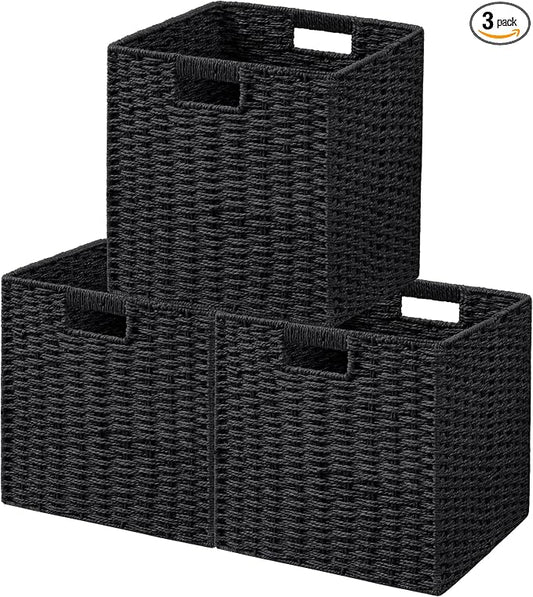 UBBCARE 3 Pack Wicker Basket, 11L×11H×10.5W inch Woven Paper Rope Storage Baskets for Shelves, Foldable Cube Storage bin with Handle, Storage Basket for Organizing & Decor, Black