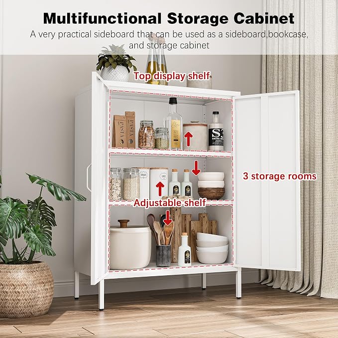 Bevivog Metal Locker Cabinet with 2 Doors, White Metal Accent Cabinets for Home Office, 40" Counter Height Storage Lockers Sideboard for Home Office Kitchen Living Room Hallway Entryway