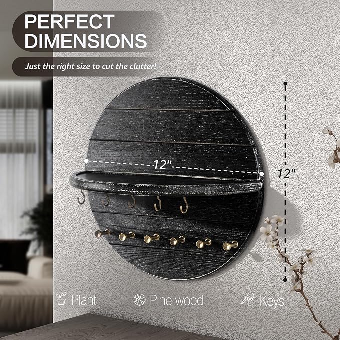 Rebee Vision Round Key Holder Wall Mount for Keys & Sunglasses, Old Black | Round Shape, Key Hooks for Kitchen Wall, Wall Shelf for Plant & Mail, Home Storage, Entrayway Decor, Ideal for Living Room