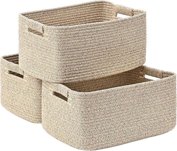 3 Pack Large Storage Basket for Organizing, 17.5"x13"x7" Woven Basket for Shelves, Closet Cube Storage Bins with Wrapped Handle, Cotton Rope Baskets for Kitchen, Clothes, Toys(Natural))