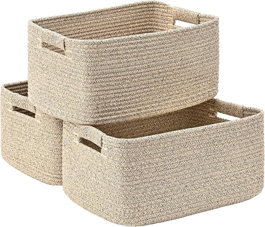 3 Pack Large Storage Basket for Organizing, 17.5"x13"x7" Woven Basket for Shelves, Closet Cube Storage Bins with Wrapped Handle, Cotton Rope Baskets for Kitchen, Clothes, Toys(Natural))