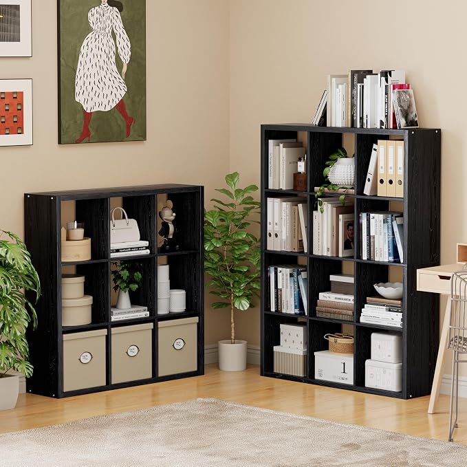 VDNEND Cube Storage Organizer Bookcase, Decorative 11 inch Open Back Cubical Shelf with Thickened Border, Display Bookshelf for Living Room, Home Office, Sturdy Room (Black, 9 Cube)