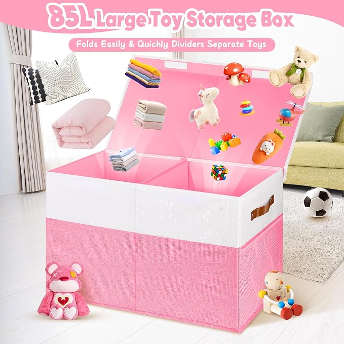 Large Toy Bins Box, Collapsible Toy Storage Chest With Lids, 25"x13"x16" | Sturdy Kids Toy Storage Box with 2 Pockets and Dividers for Boys Girls, Bedroom & Living room Organization, White & Pink