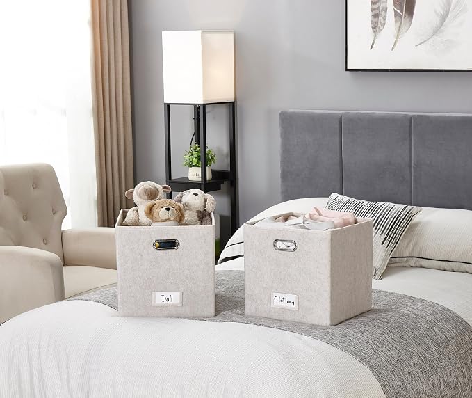 DECOMOMO Felt Storage Bins, 13 inch Cube Storage Bin with Labels | 4 Pack Storage Baskets for Shelves, Kallax (Beige)