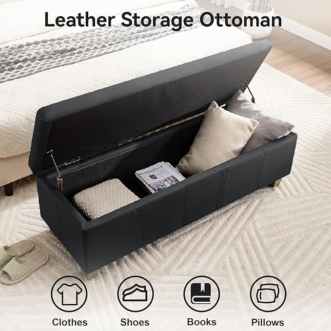 WUTUTUEE 41" Faux Leather Storage Ottoman, Stitch Tufted Rectangle Upholstered End of Bed Storage Bench, Entryway Large Couch Ottoman with Wooden Legs, Dark Black