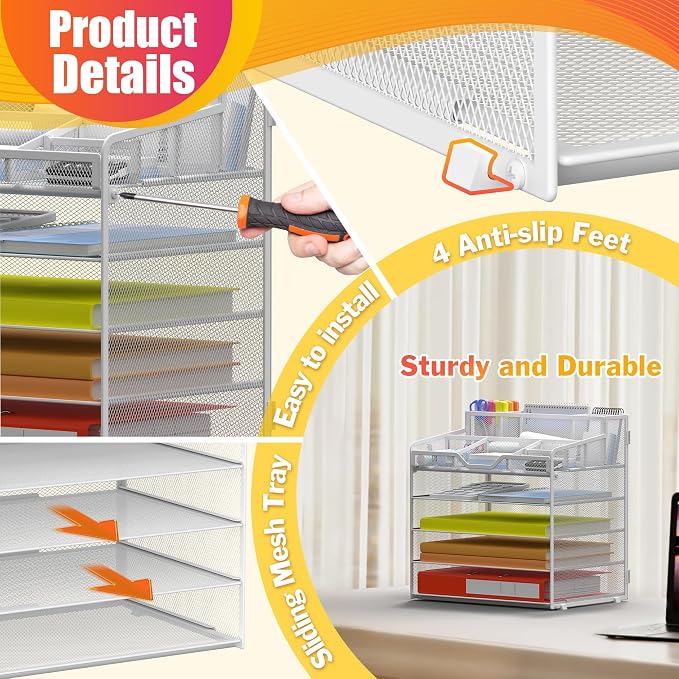 Docnest 5 Tier Mesh Desk Organizer with Letter Tray & Paper Sorter, White | Features 3 built-in pen holders & 5 adjustable compartments on top. Includes 4 non-slip rubber feet for desk protection