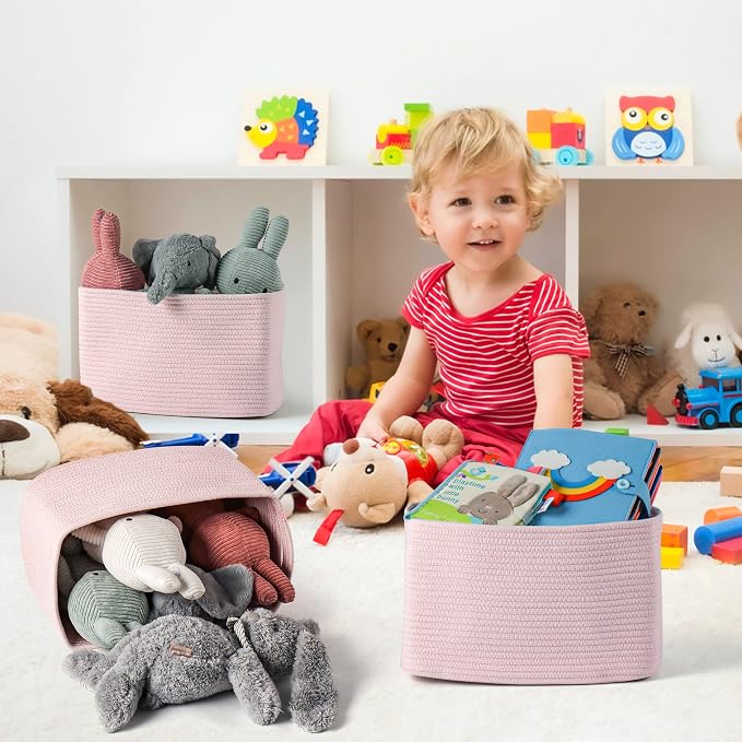XUANGUO Woven Cotton Rope Storage Baskets 15x10x9.3" 3 Pack Light Pink | Decorative rectangular storage baskets for shelves and closets; storage bins organize clothes, toys, books and nursery items.