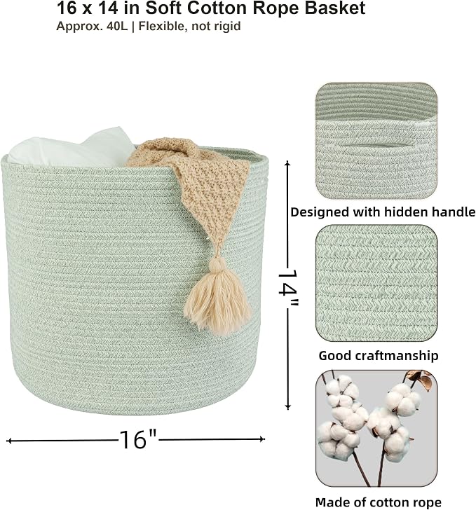 XUANGUO Cotton Rope Baskets For Girls Boys Kids 16”X14” Light Green | Baby Laundry Baskets, Blanket Basket, Nursery Bin; Round Woven Basket Organizer for Toy Storage, Blankets, Shoes and Clothes