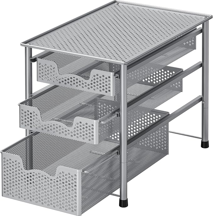 Simple Houseware Stackable 3 Tier Sliding Basket Organizer Drawer, Silver
