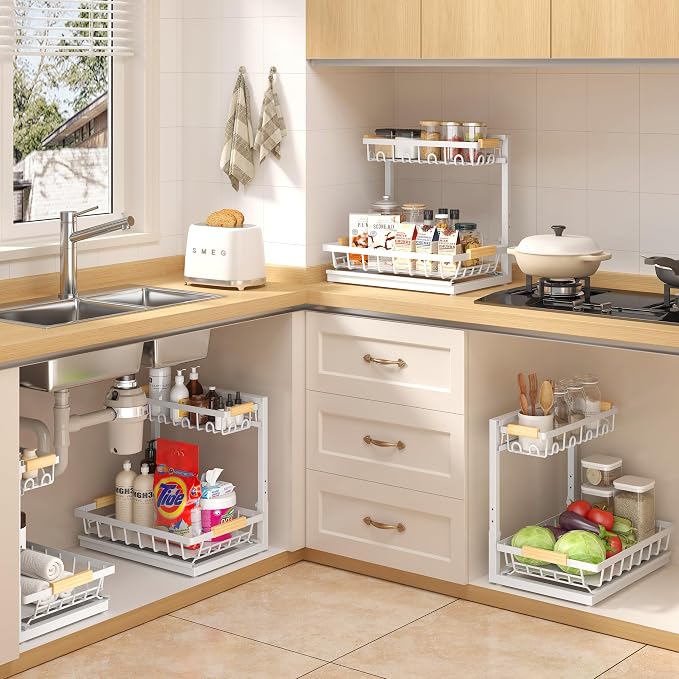 Sevenblue 2-Pack 2-Tier Height Adjustable Under Sink Organizer & Storage | Multi-purpose storage for kitchen & bathroom cabinet. Large white shelf, height adjustable design for space-saving.