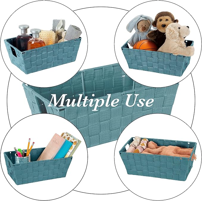 Simplify Small Shelf Woven Strap Tote | Decorative Storage Basket | Built in Handles | Organization | Closet | Bedroom | Bathroom | Nursery | Accessories | Toys | Gifts | 1 Pack | Sapphire