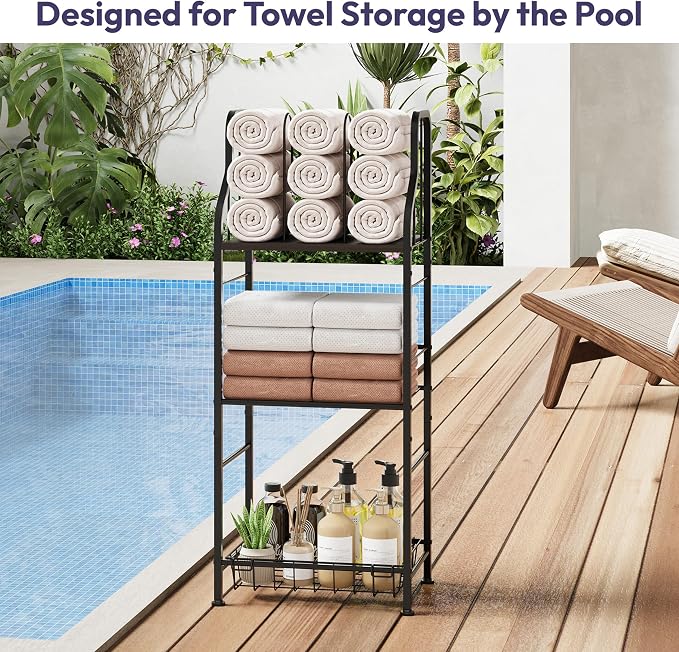 SWTYMIKI Free Standing Towel Rack - 3 Tier M-Shaped Detachable Dividers Towel Shelf for Bathroom, Durable Metal Pool Towel Holder, Modern Space-Saving Bath Towel Storage Organizer