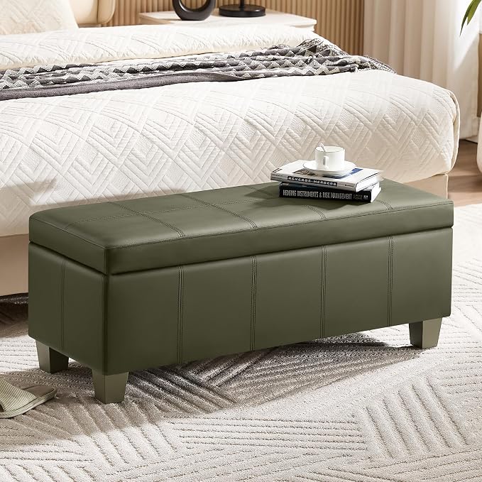 WUTUTUEE 41" Faux Leather Storage Ottoman, Stitch Tufted Rectangle Upholstered End of Bed Storage Bench, Entryway Large Couch Ottoman with Wooden Legs,Green