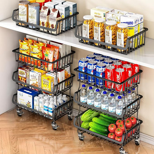 Gsiekare 3-Tier Rolling Pantry Organizer and Storage Cart with Wheels | Stackable wire pantry baskets for pantry shelves, fruit basket stand, easy to move, storage rack for food snack onion potato