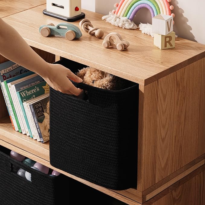 UBBCARE Set of 4 Storage Bins - 11 X 10.5 X 10.5 in, Cotton Rope Bins for Shelves, Toys, Books, Cube Storage with Handles, Woven Black Basket for Organizing