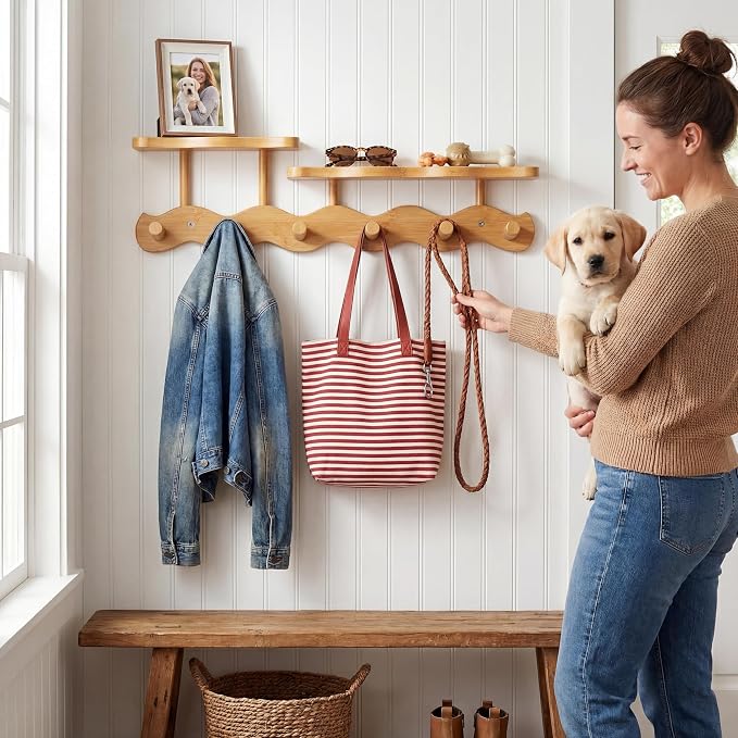 Wave-Shaped Bamboo Coat Rack Wall Mount with Shelf - Modern 6-Hook Rack | Modern Sculptural Wave Decor, Organic Wood Wall Organizer with Storage Shelf, Eco-Friendly Coat Rack for Hanging Bags, Keys