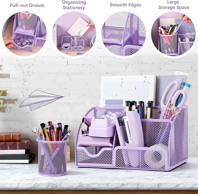 Fayoo 15 Pcs Purple Office Supplies Set Mesh Desk Organizer Accessories Kit | Include Stapler, Tape Dispenser, Staple Remover, Clips, Ruler, Scissors, Sticky Notes, for Office, School, Home, Women