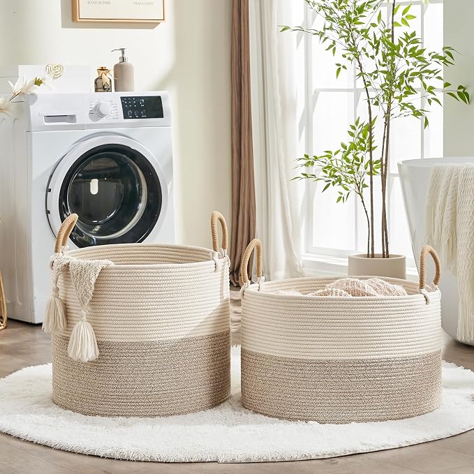 KAKAMAY Large Blanket Basket with Handles, Storage Basket for Living Room | Extra Large Capacity | Natural Cotton Rope | Blanket Storage | Woven Storage Basket | Stuffed Animal Storage | Laundry Basket