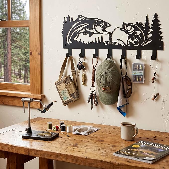 Black Metal Fishing Decor Wall Hooks, Fish Hooks Key Holder Wall Mount for Hanging Key Hat Coat, Animal Theme Hook Rack for Entryway Hallway Bedroom Bathroom, Gifts for Fishing Enthusiasts