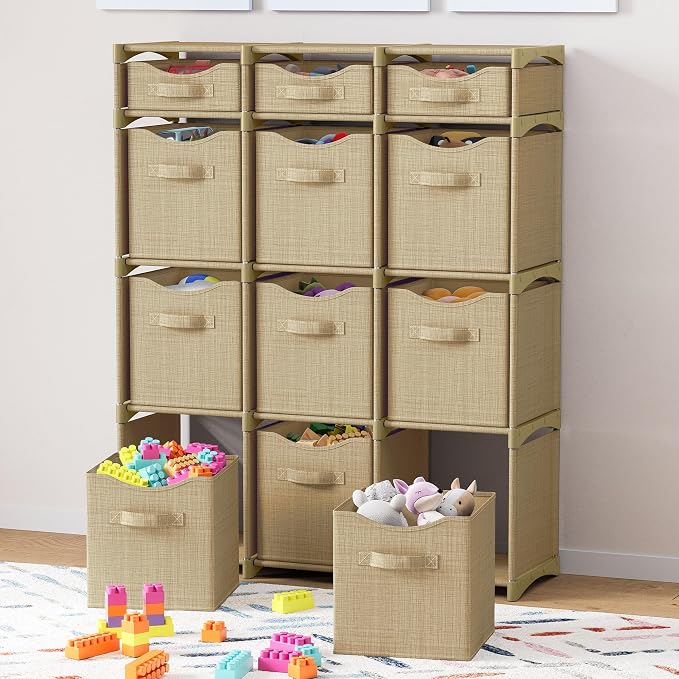 Cube Storage Organizer with Storage Bins Included - The Perfect Closet Organizers and Storage Solution. Includes 12 Storage Cubes, Great For Toy Storage, Closet Storage, Clothes Storage (Beige)