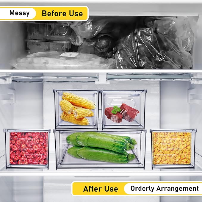 4 Pack Refrigerator Organizer Bins with Pull-out Drawer Stackable Clear Fridge Drawer Organizer Fruit Vegetable Storage Containers for Kitchen Pantry Organization (2 Large+2 Small)