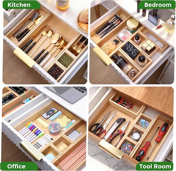 MapleGrace Bamboo Drawer Organizer Set, 14 PCS Wood Storage Organizers | Multi-Use Junk Drawer Divider, Storage Trays Containers for Kitchen, Bathroom, Office Desk, Makeup, Jewelry, Utensils