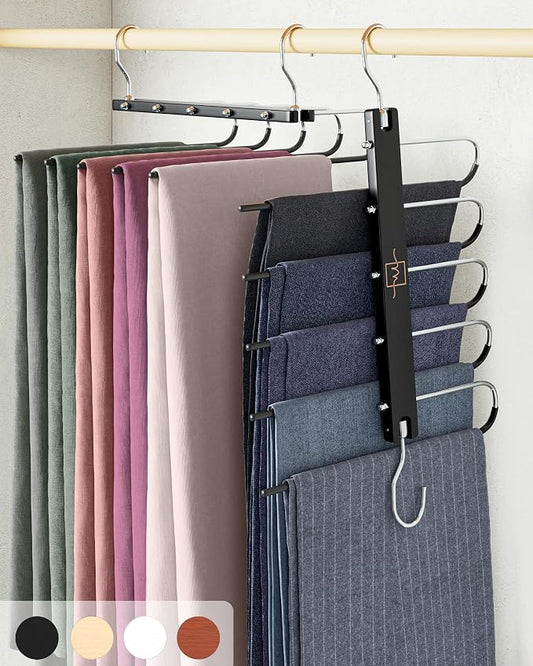 MORALVE Pants Hangers Space Saving - 4 Pack European Beechwood Scarf and Jean Hangers - Closet Organizer and Space Saver Pant Rack, Leggings Hanger, and Scarf Holder with 360° Swivel Hook