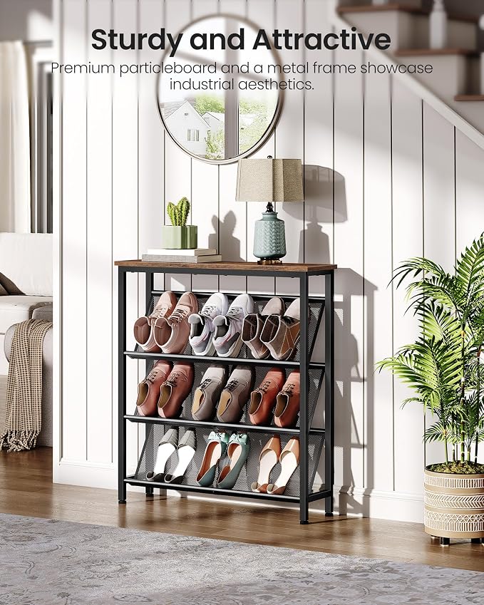 CHOEZON Shoe Rack, 4-Tier Slanted Shoe Storage Shelf, Narrow Shoe Rack for Entryway, Shoe Organizer with Adjustable Feet, Slim Shoe Shelf with Wooden Top and Metal Frame Rustic Brown and Black TXJ75BF