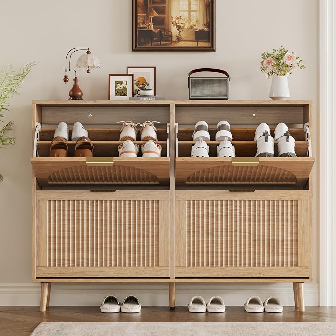 BORNOON Shoe Cabinet for Entryway with 4 Flip Drawers, Slim Wooden Shoe Storage Organizer with Modern Fluted Pannel，Freestanding Narrow Hidden Shoe Rack for Hallway, Foyer, Living Room