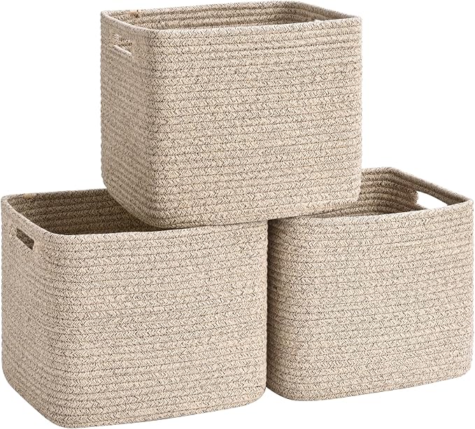3 Pack Cube Storage Bin, 12”x12”x10” Cotton Rope Woven Baskets for Organizing Toys Clothes Towels, Square Gift Storage Baskets for Shelves, Nursery, Closet, Bathroom, Pantry (Jute)