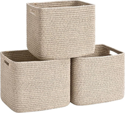 3 Pack Cube Storage Bin, 12”x12”x10” Cotton Rope Woven Baskets for Organizing Toys Clothes Towels, Square Gift Storage Baskets for Shelves, Nursery, Closet, Bathroom, Pantry (Jute)