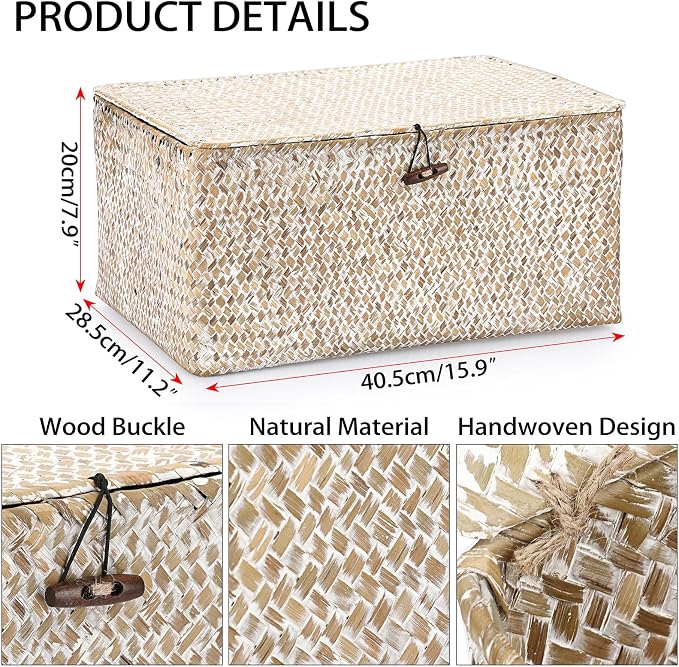 Hipiwe Wicker Woven Baskets Bin with Lid Seagrass Storage Basket, X-Large | Natural Decorative Baskets Rectangular Household Basket for Shelf Wardrobe Home Decor, Whitewash