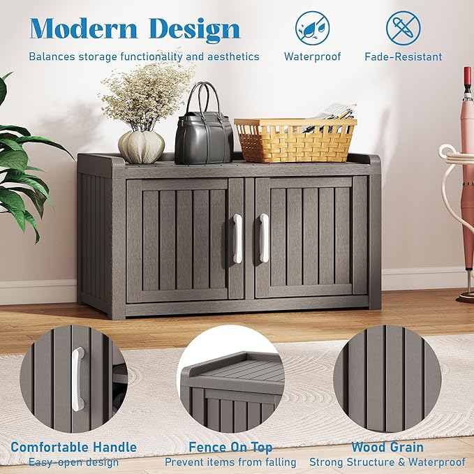 NUNU LAB Shoe Cabinet, Waterproof UV-Resistant Outdoor/Indoor Shoe Storage Cabinet with Adjustable Shelves, Shoe Organizer Bench with 2 Barn Doors for Foyer, Hallway, Living Room, Black