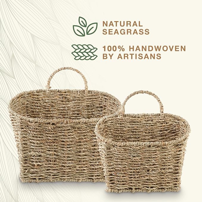Set of 2 Seagrass Hanging Baskets for Organizing, Front Door, Mail, Flowers