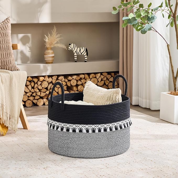 KAKAMAY Large Blanket Basket with Handles, Storage Basket for Living Room | Extra Large Capacity | Natural Cotton Rope | Blanket Storage | Woven Storage Basket | Stuffed Animal Storage | Laundry Basket