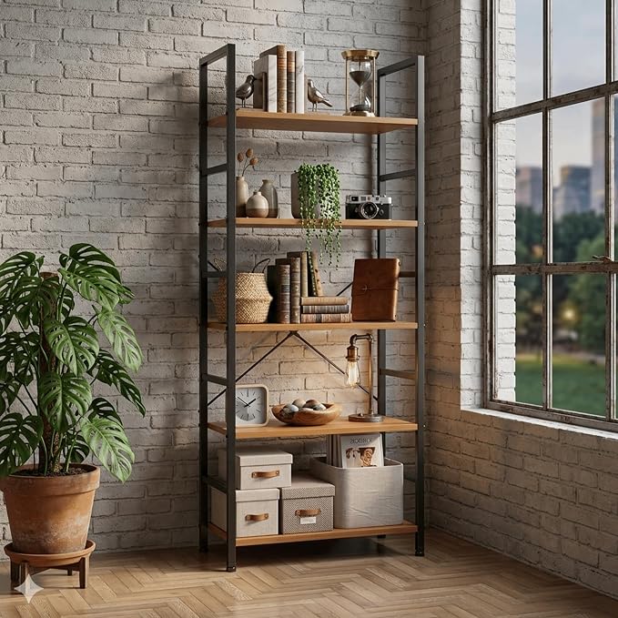 HealSmart 5 Tier Bookshelf, Free Standing Book Shelf Home Office Bookcase Shelf Storage Organizer for Bedroom, Bathroom, Living Room, Office, Balcony, Wood