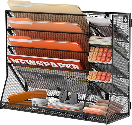 5-Tier Wall File Organizer with 4 Pen Holders and R-Shaped Tray, Black | 5-Tier Wall Organizer and Wall File Organizer with 4 Pen Holders and R-Shaped Base for Wall Mount or Desktop Use