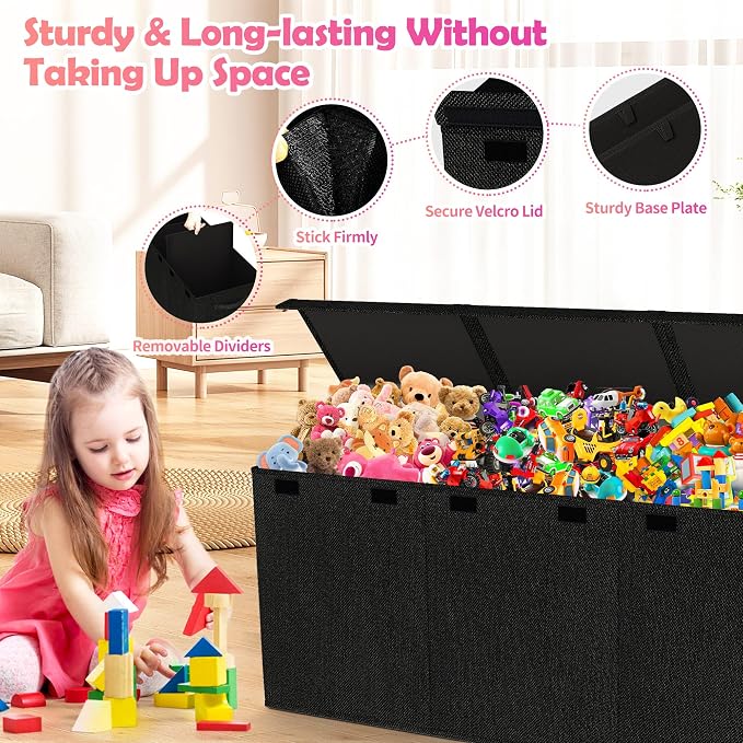 Extra Large Toy Box, Collapsible Toy Storage Organizer, 40"x16"x16", Black | Sturdy Kids Toys Bin Chest with 2 Mesh Pockets and Dividers for Boys Girls, Bedroom & Living room Toy Organization