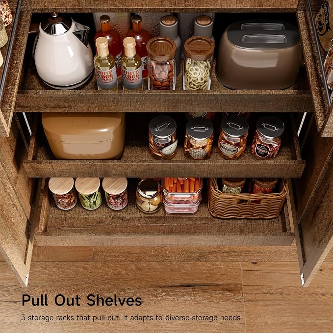 71" Tall Farmhouse Kitchen Pantry Cabinet with 3 Pull Out Shelves & 2 Large Drawers, Pantry Storage Cabinet with 6 Door Shelf & Adjustable Shelf, Freestanding Cupboard for Kitchen, Dining Room