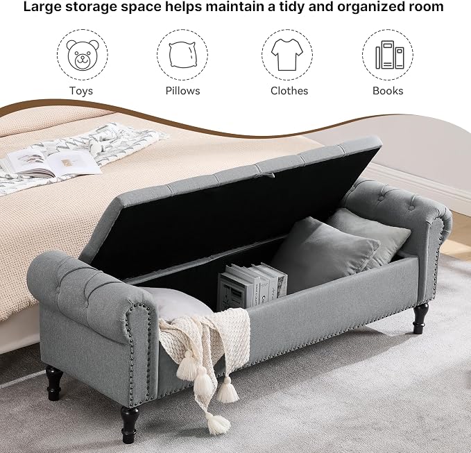 67 Inch Storage Bench for Bedroom, Linen End of Bed Bench, King Size Bench with Rolled Arms, Upholstered Tufted Button Storage Ottoman Benches, Living Room, Entryway, Oyster Grey