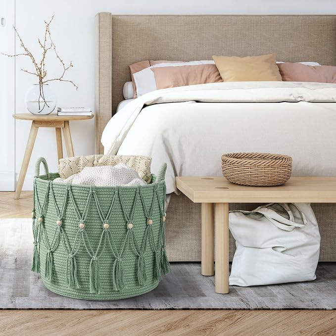 Blanket Basket for Living Room Decor Storage Basket for Toy Organizer Boho Decor Baskets for Modern Farmhouse Decor Small Laundry Basket for Bedroom and Laundry Room Organization,Green