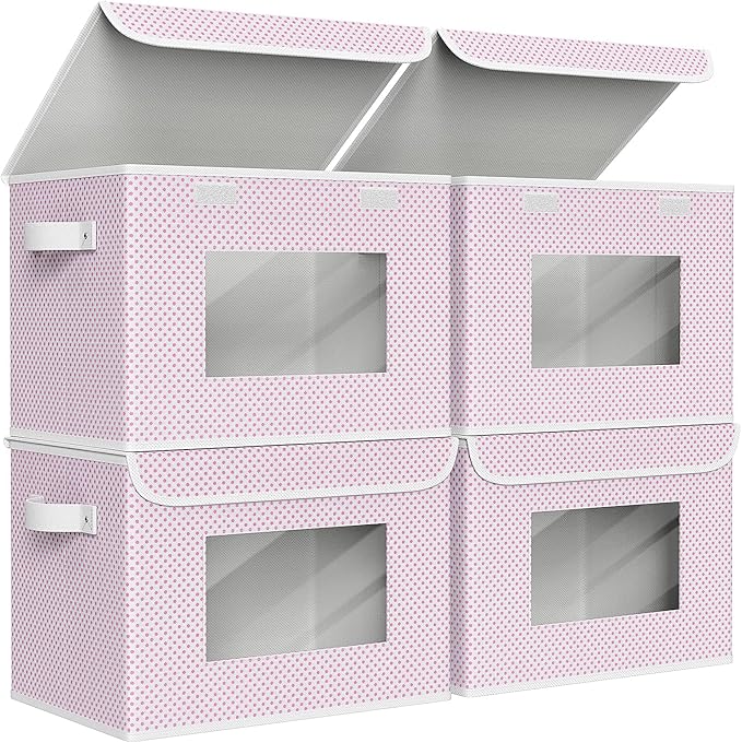 Univivi Fabric Foldable Storage Boxes with Lids, 4 Pack, Pink | 17 x 12 x 12 In Large Stackable Storage Bins with Lids, Closet Organizers and Storage Cube Basket for Home, Office, Bedroom