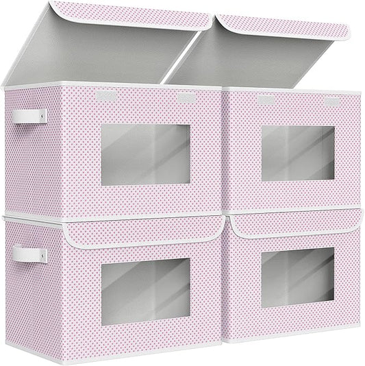 Univivi Fabric Foldable Storage Boxes with Lids, 4 Pack, Pink | 17 x 12 x 12 In Large Stackable Storage Bins with Lids, Closet Organizers and Storage Cube Basket for Home, Office, Bedroom