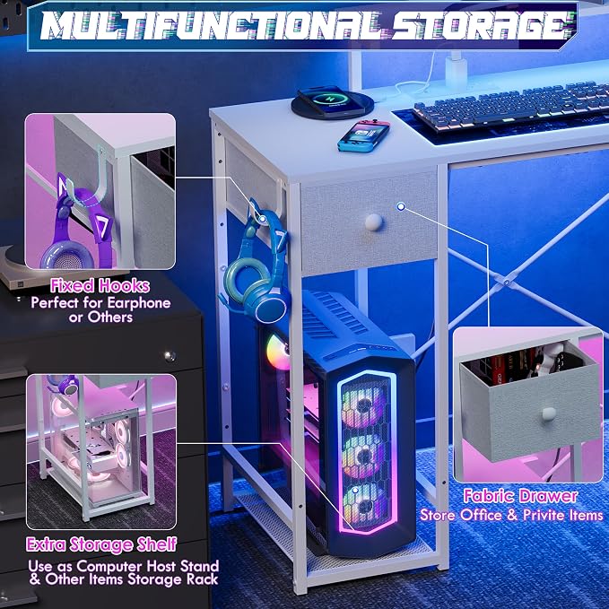 X-cosrack 33.5" Small Computer Desk with Monitor Stand & Outlets, Small Gaming Desk with LED Light & CPU Stand, Teen Study Writing Table with Storage Drawer, Side Hooks for Bedroom, Home Office White