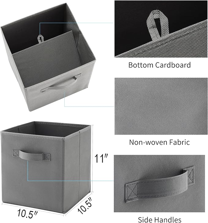 MAX Houser 6 Pack Foldable Fabric Storage Bins with Handles, Grey 10.5x10.5x11 Inch