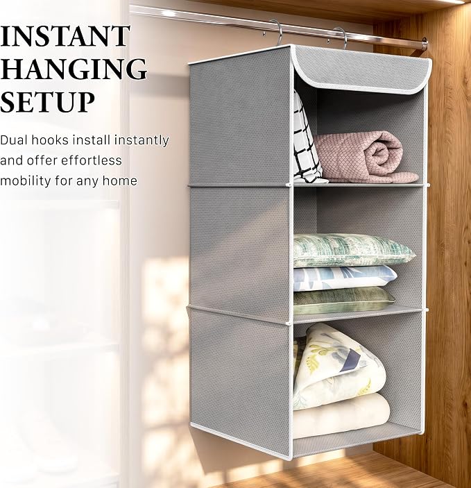 Simple Houseware 3 Shelf Hanging Closet Organizer, Gray | 360° Rotating Dual Hooks, Top Support Metal Frame